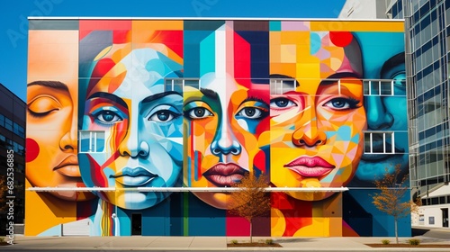 A vibrant mural of diverse faces on a city building, promoting unity and acceptance. © Mustafa_Art