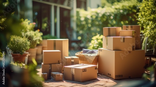 On moving day, cardboard boxes and household belongings are strewn across the yard." © muji