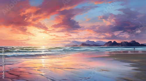 A vibrant sunset painting the sky in shades of pink and orange over a tranquil beach. © Mustafa_Art