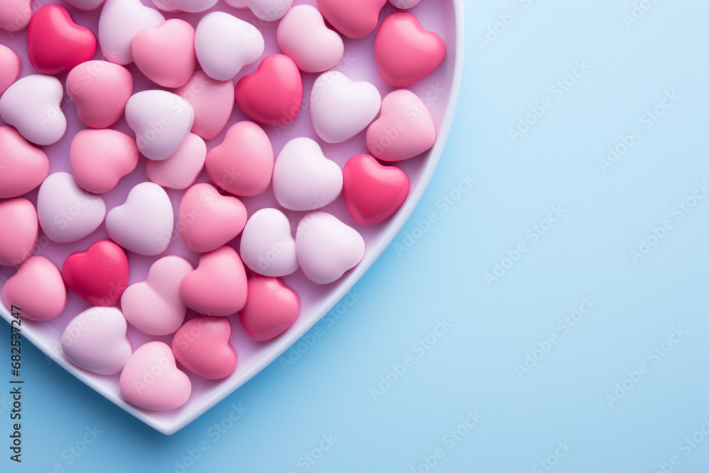 Candies, heart-shaped sweets in pastel colors. Concept of love, sweets and Valentine's Day.