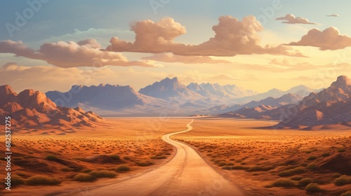 A winding desert road disappearing into the distant mountains.