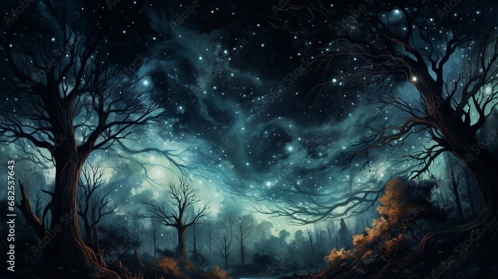 An abstract forest of twisted, luminous trees under a starry sky.