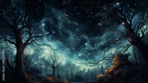 An abstract forest of twisted, luminous trees under a starry sky.