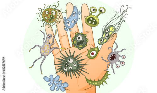 Unwashed hands. Microbes on hands. The problem of poor personal hygiene. Healthcare illustration. Vector illustration. 