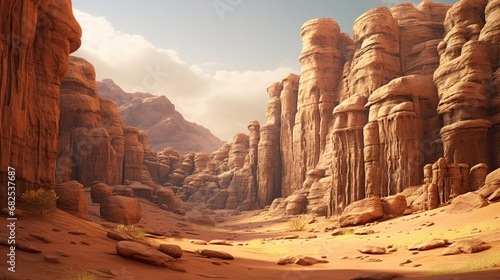 An ancient desert canyon, with layered rock formations, under the midday sun.