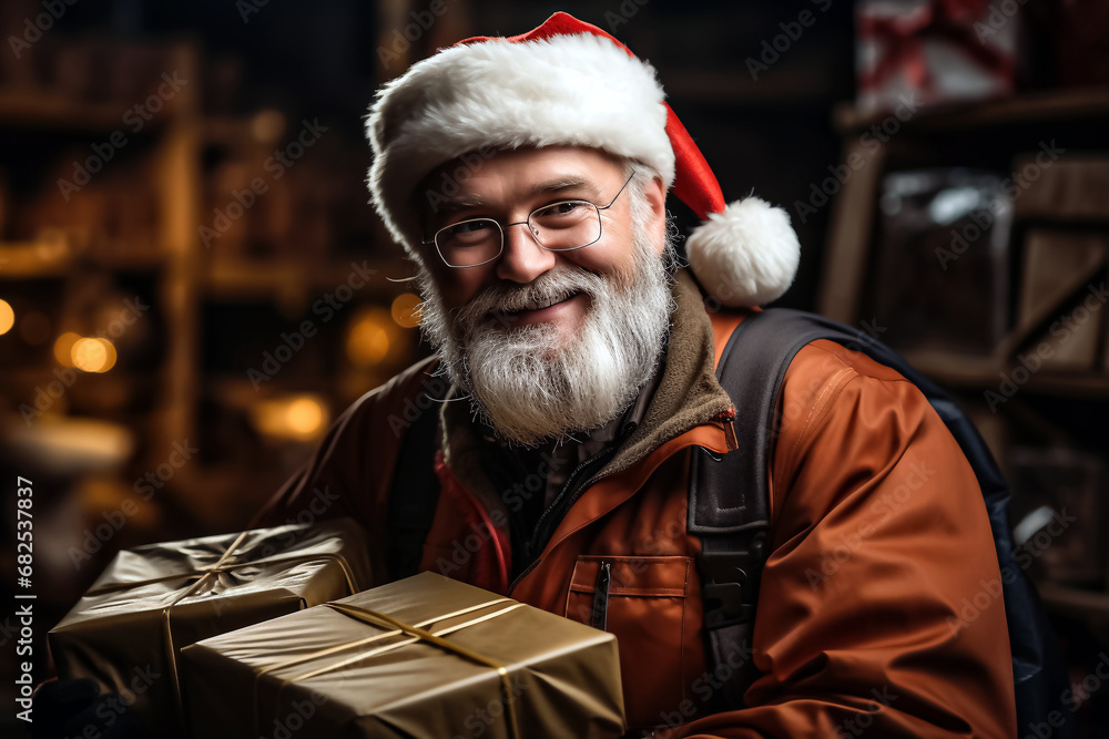 Portrait of a bearded man in Santa Claus hat. Christmas and New Year concept.