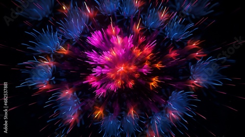 An explosion of neon fireworks against a velvet black backdrop.