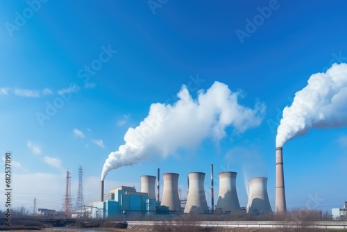 Smoking pipes of power plant against blue sky