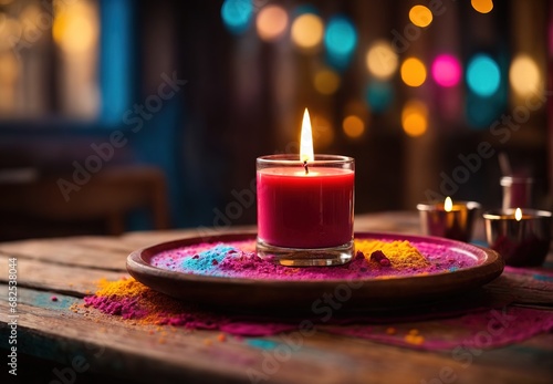 Empty wooden table with Holi theme colorfull and candle in background 