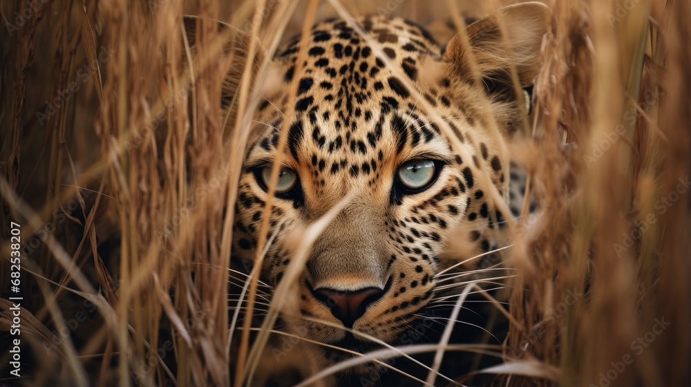 leopard hidden predator photography grass national geographic style 35mm documentary wallpaper - obrazy, fototapety, plakaty 