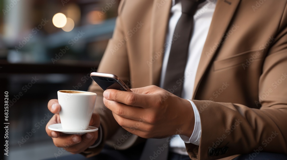 Businessman enjoying coffee and using a smartphone in a cafe. Businessman enjoying coffee and using a smartphone in a cafe.