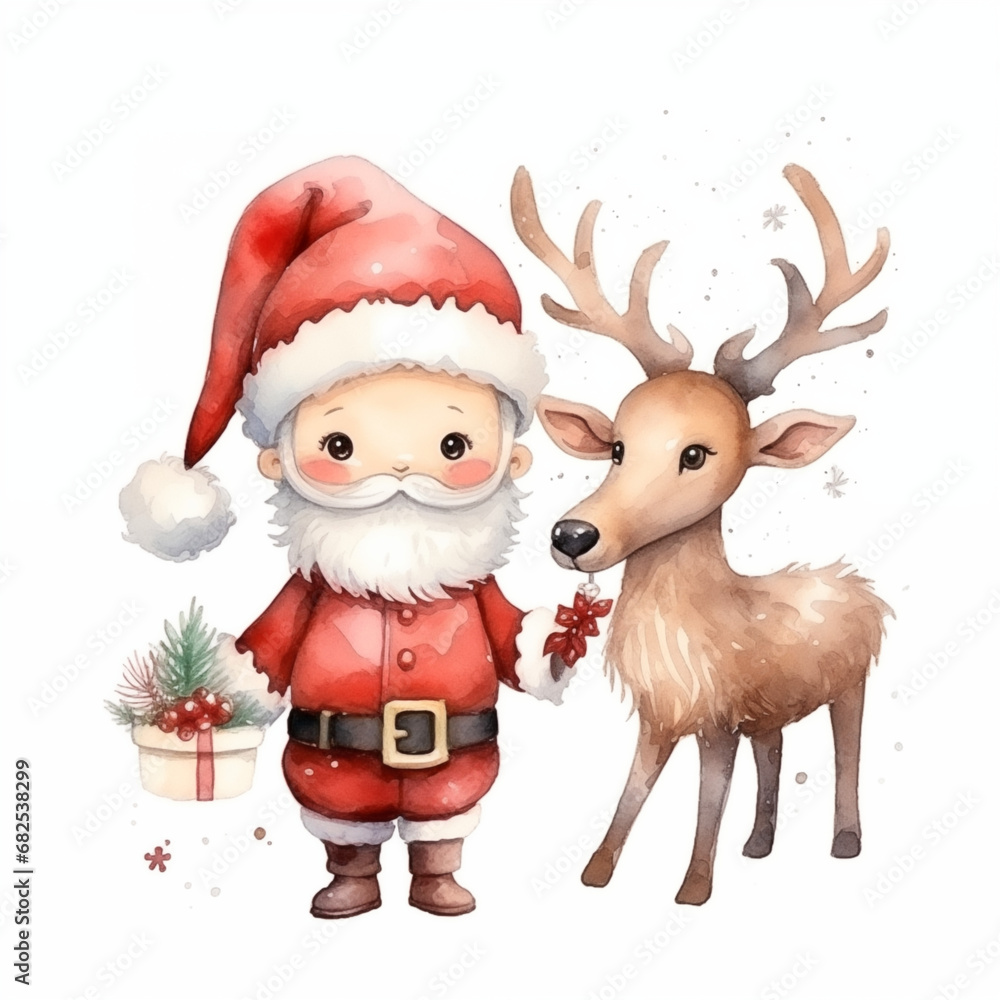 cute santa claus and reindeer in watercolor style cute santa claus and reindeer in watercolor style