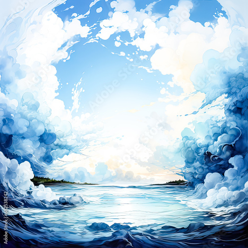 Serene watercolor landscape in soothing blues