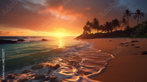 Capture the tranquil beauty of a secluded beach at sunrise.