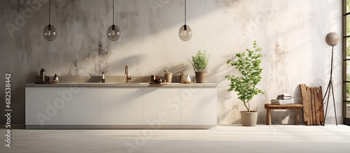 The vintage white interior of the luxurious retro kitchen displayed an abstract art piece on the marble-textured wall  adding a touch of nature and design  blending the elements of grunge and