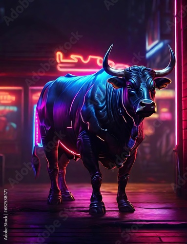 Black bull standing in front of neon lights in a dark room, futuristic bull stock, neon rhino, bull illustration, trade bull, bull graphic, trading bull, 3d bull, bull stock, bull artwork, bitcoin © woollyfoor