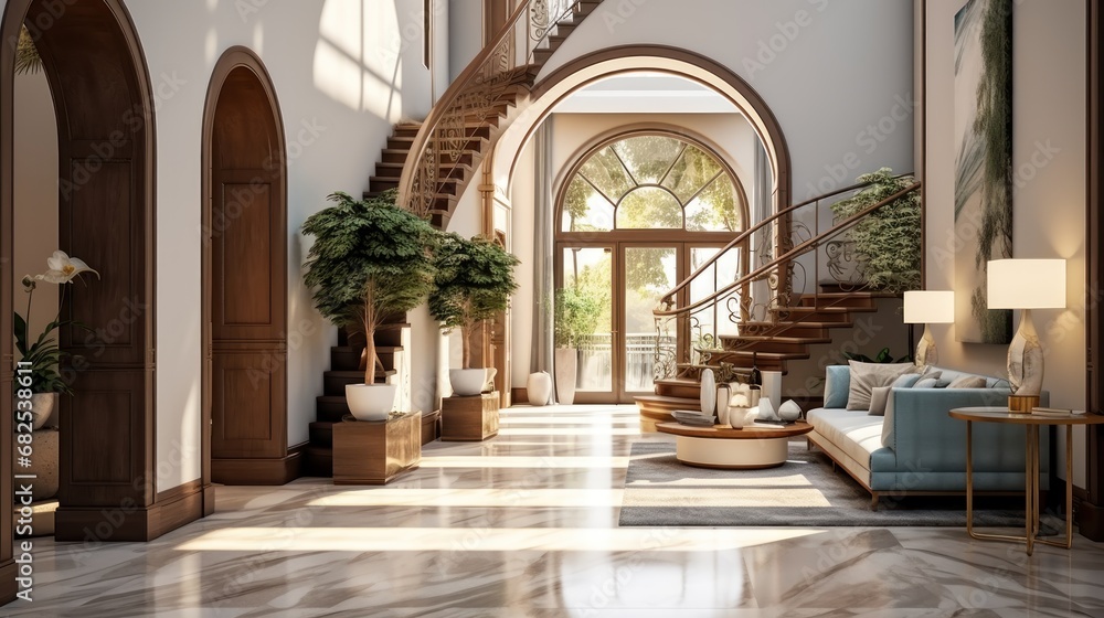 Entrance Hall or Hallway of Luxury Rich House with Staircase. Interior Design. Wooden staircase and stone cladding wall in rustic hallway. Cozy home interior design of modern entrance hall with door.