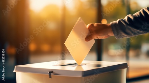 Using his hand, a man contributes to the electoral process by throwing his voting paper into the ballot box during elections. photo