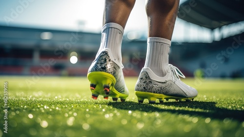close-up view soccer player feet standing on the green grass at stadium