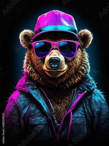 Fashion portrait of a grizzly bear wearing a pink cap and sunglasses. Brown bear in hat and hoodie, jacket, t-shirt design of colorful bear and brown hairs cool bear, trendy bear, funky bear
