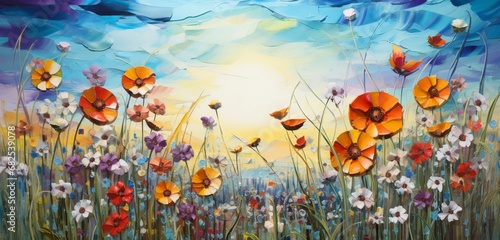 Summer flowers in the grass with an abstract art background of the sun's sky.