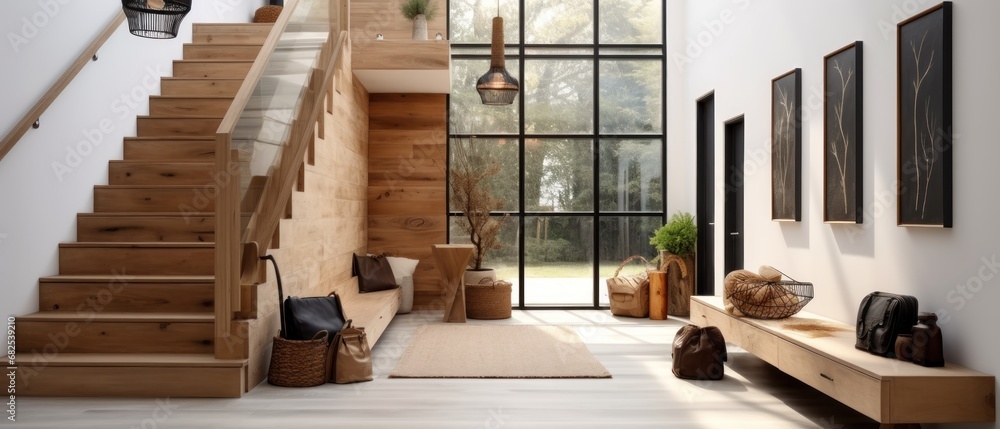 Entrance Hall or Hallway of Luxury Rich House. Interior Design. Wooden ...
