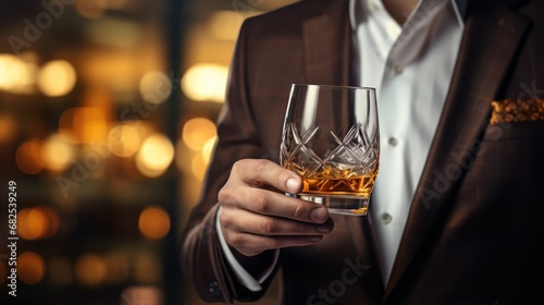 Gentleman with a glass of brandy against a dreamy bokeh background.