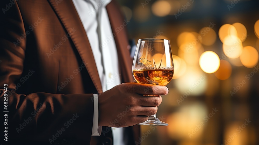 With a blurred bokeh setting, a man elegantly holds a glass of brandy.