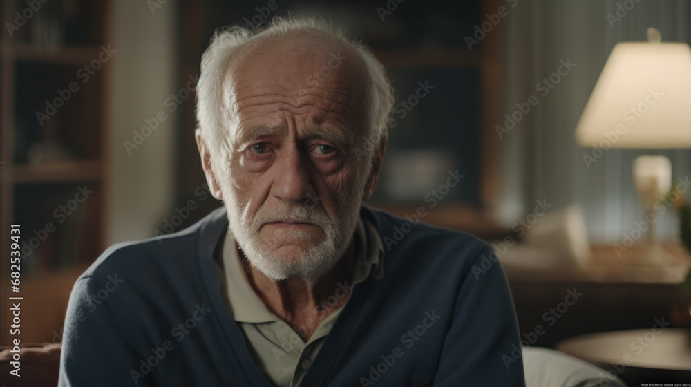 Senior man with a pensive expression sits in a dimly lit room, hinting at solitude and contemplation Senior man with a pensive expression sits in a dimly lit room, hinting at solitude and contemplation