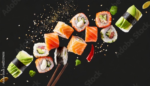 Flying pieces of sushi rolls on a black background close-up. Traditional Japanese cuisine photo