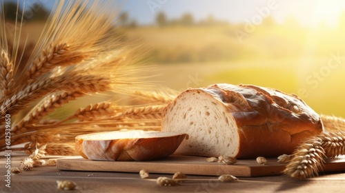 Wooden table adorned with fresh, fragrant bread and wheat, set against the backdrop of a wheat field. photo