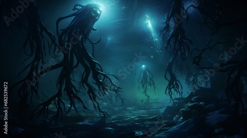 Eerie, bioluminescent creatures drifting in a dark, underwater abyss.