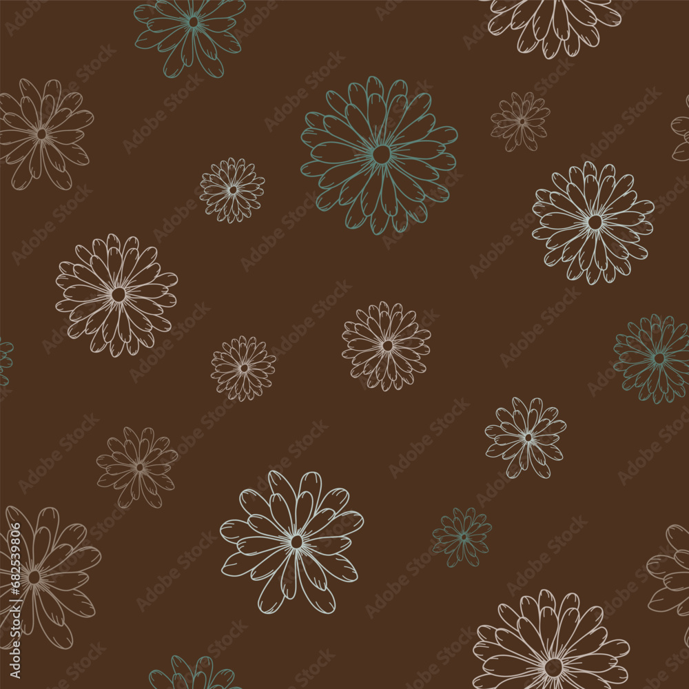 A Brown Background with Line Art Flowers in Tan and Green Scattered Creating a Seamless Vector Repeat Pattern Design A Brown Background with Line Art Flowers in Tan and Green Scattered Creating a Seamless Vector Repeat Pattern Design