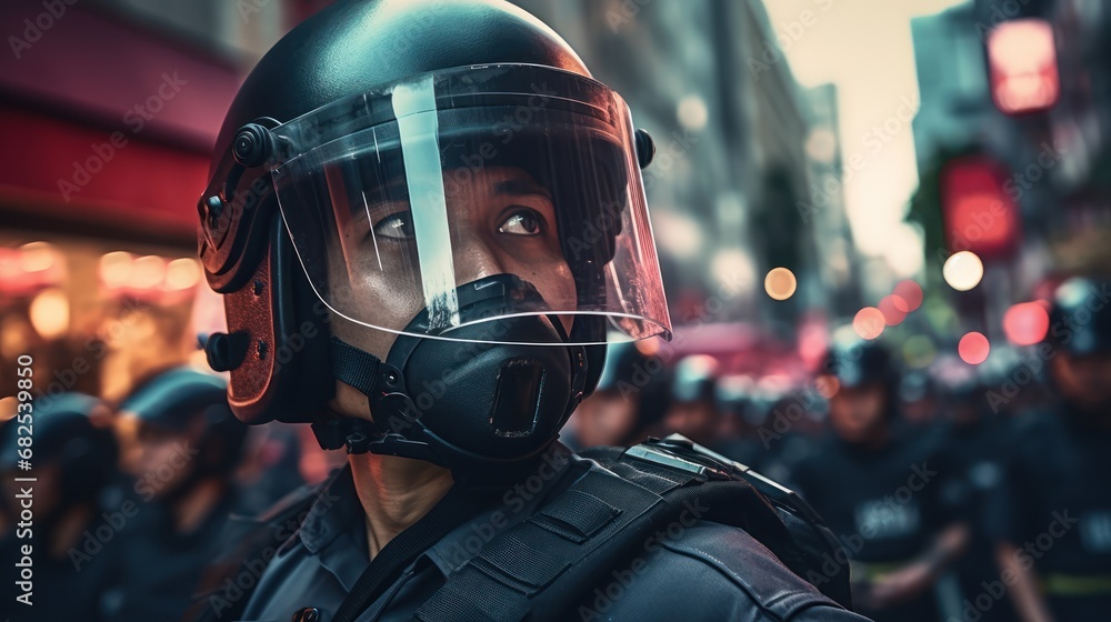 Police officers in protective masks on the street during a protest rally. Police officers in protective masks on the street during a protest rally.