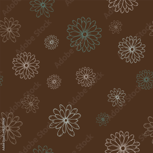 A Brown Background with Line Art Flowers in Tan and Green Scattered Creating a Seamless Vector Repeat Pattern Design