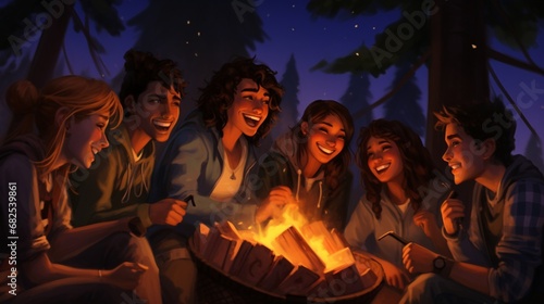 Friends from different backgrounds sharing laughter and stories around a campfire.
