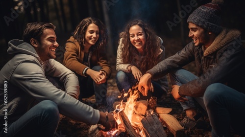 Friends from different backgrounds sharing laughter and stories around a campfire.