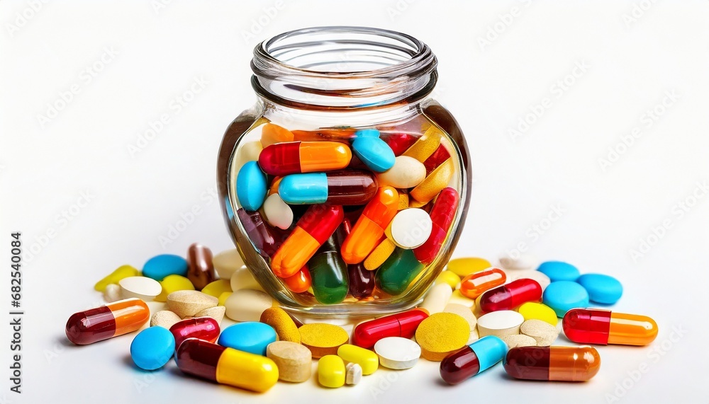 Multi-coloured medical capsules and tablets in a glass jar. Vitamins and supplements. The concept of pharmaceuticals Multi-coloured medical capsules and tablets in a glass jar. Vitamins and supplements. The concept of pharmaceuticals