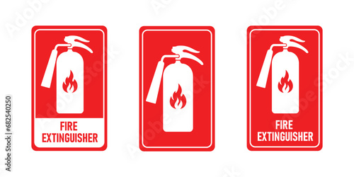 Set of red fire extinguisher. Firefighters tools for flame fighting attention colored vector