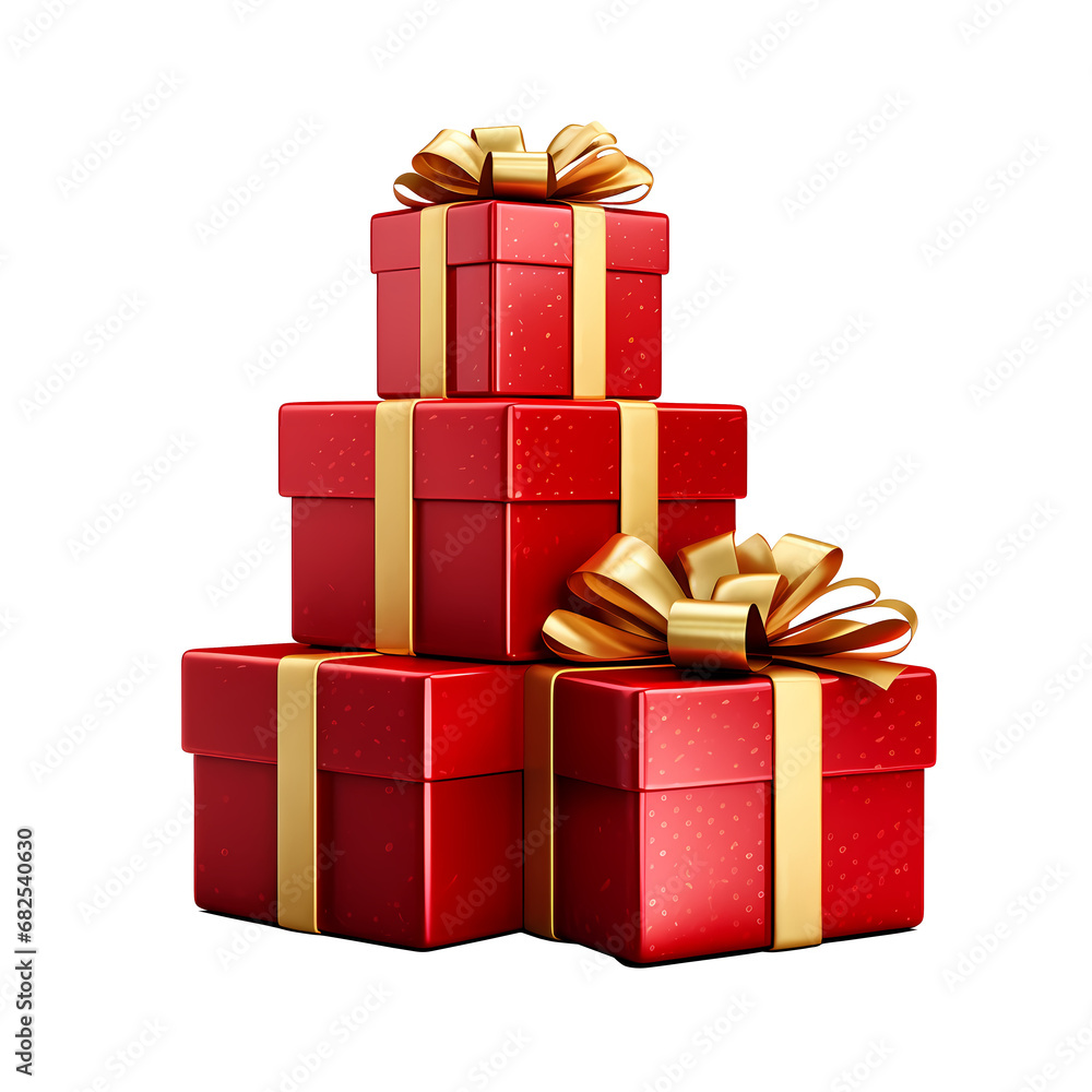 Fototapeta premium red gift boxes with gold ribbons - Christmas gift boxes, Celebration gift boxes, love and romantic, cartoon, isolated background, PNG, 