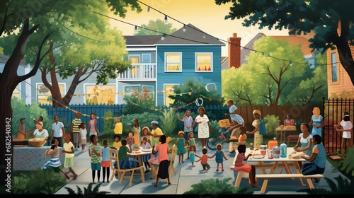 Illustrate a neighborhood gathering where neighbors of all ages and backgrounds come together for a block party. photo