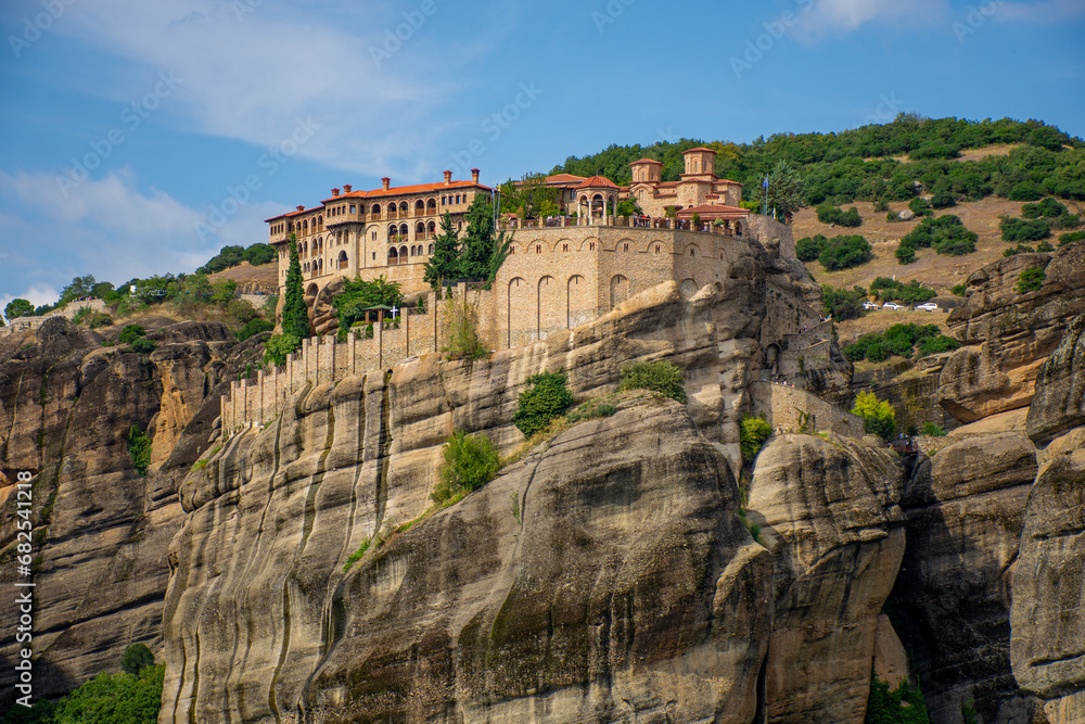 Beautiful View of  St. Barlaam Monastery on a natural pillar rock formation in Meteora, Trikala, Thessaly, Greece.