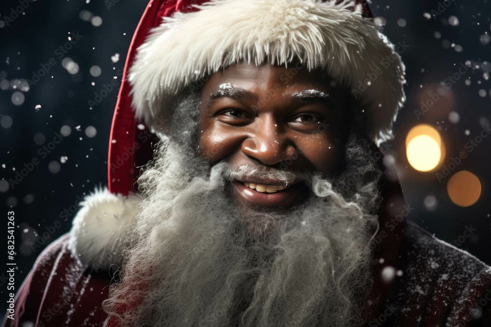 Afro American black Santa Claus with a gray beard in a red hat on a blurred background with snowflakes Afro American black Santa Claus with a gray beard in a red hat on a blurred background with snowflakes