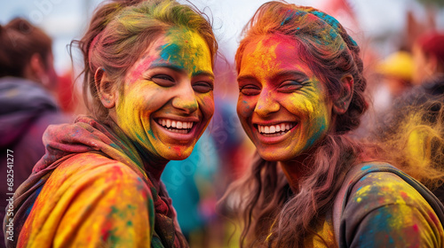portrait of two happy female friends taking part at the Indian Holi festival