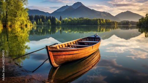 On the lakeside  a boat is positioned against the breathtaking backdrop of mountains.