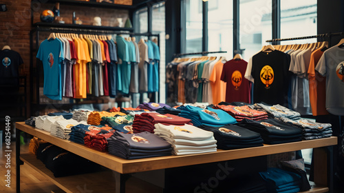 Vibrant Wardrobe Wonders Close-Up of Colorful T-Shirts on Display in a Trendy Clothes Shop. Generative AI