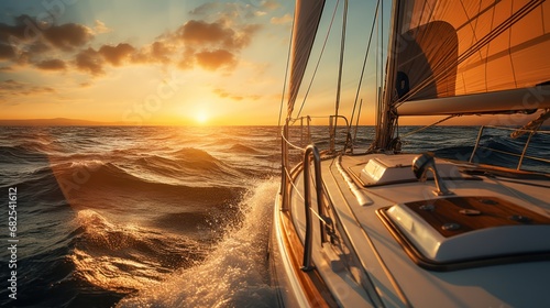Luxury sailing yacht cruises the sunlit sea, creating bokeh, providing a lavish summer experience with outdoor activities at sea. The sailboat sails gracefully on the ocean.