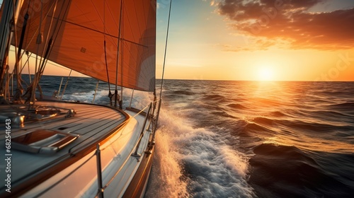 sailing yacht sails across the sea, surrounded by bokeh, offering a luxurious summer adventure and outdoor activities on the water. The sailboat elegantly maneuvers through the ocean.