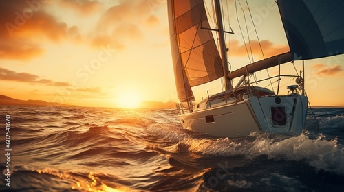 Sailing under the sunlight, a yacht glides through the sea with bokeh, providing a luxurious summer adventure and outdoor activities at sea. The sailboat navigates the ocean gracefully.