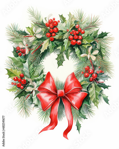 Vintage Christmas Wreath Art with Poinsettia Flowers, Berries, Ivy, Leaves, and Bow - In Green, Red, and White Color Tones - Christmas Holiday Card Concept